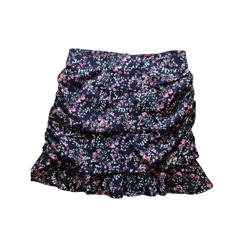 Princess Polly Navy Floral Ruched Mini Skirt Pink Ruffle Hem US 10
